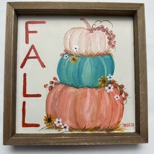 Hand crafted (painted) pumpkins and flowers. Fall. Upcycled frame. 8x8x1.5 in